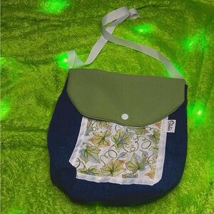 Handmade Green & Navy Crossbody Bag with Leaf Print Pocket